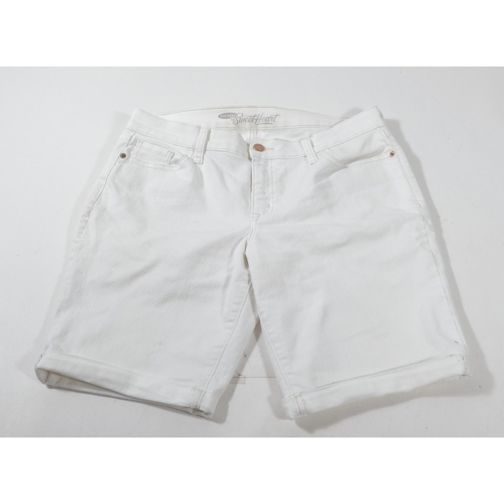 Old Navy Shorts Women 14 White Sweetheart Bermuda Cuffed Denim Low Rise Stretch
